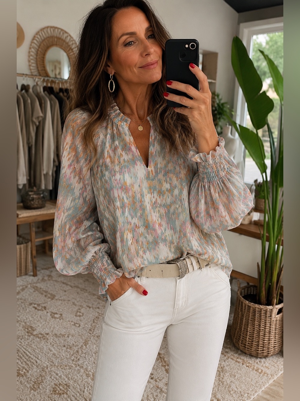 196. PHILOSOPHY | Pastel Metallic Shimmer Blouse Smocked Cuffs |Small | 20/26